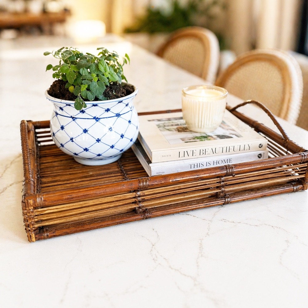 Vintage Bamboo Rattan Serving Tray Rectangular Brown Woven Slatted Wood 15.5x11